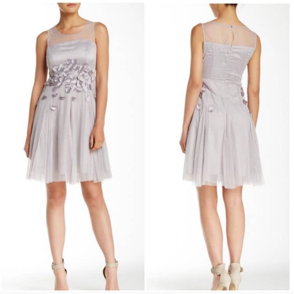Ryu petal mesh yoke special occasion A line dress gray silver medium